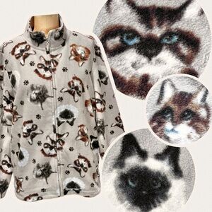 Cats fleece jacket coat‎ zipper front paw prints kittens Persian Siamese 90s